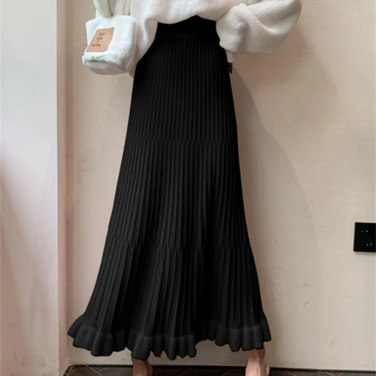 Vita alta Increspato Gonne a pieghe Donna Solid Autunno 2023 Elegante Gonna lunga Sciolto A pieghe a costine Casual Ladies